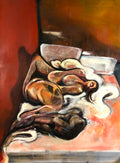 An abstract painting depicting a reclining nude figure with elongated limbs, rendered in warm earthy tones of brown, terracotta, peach, cream, and black.