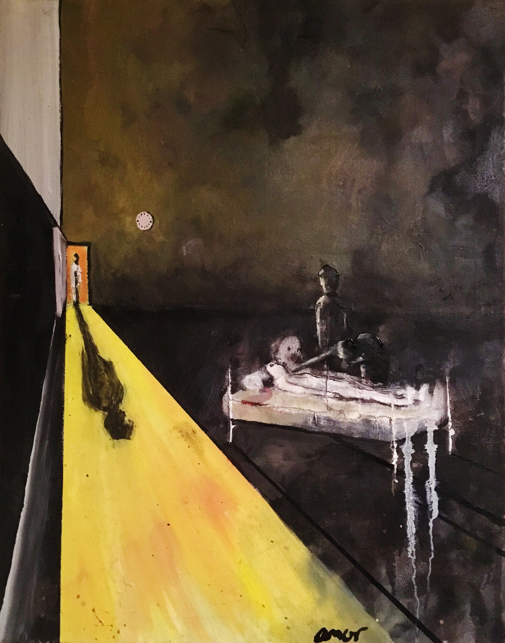 An expressive dark painting depicting a dim interior scene with a bright yellow beam of light on the left, a white bed with a pale figure on the right, and a small orange doorway at the far left.