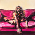 An expressive painting of a nude woman reclining on a vivid pink couch against a pale cream background.