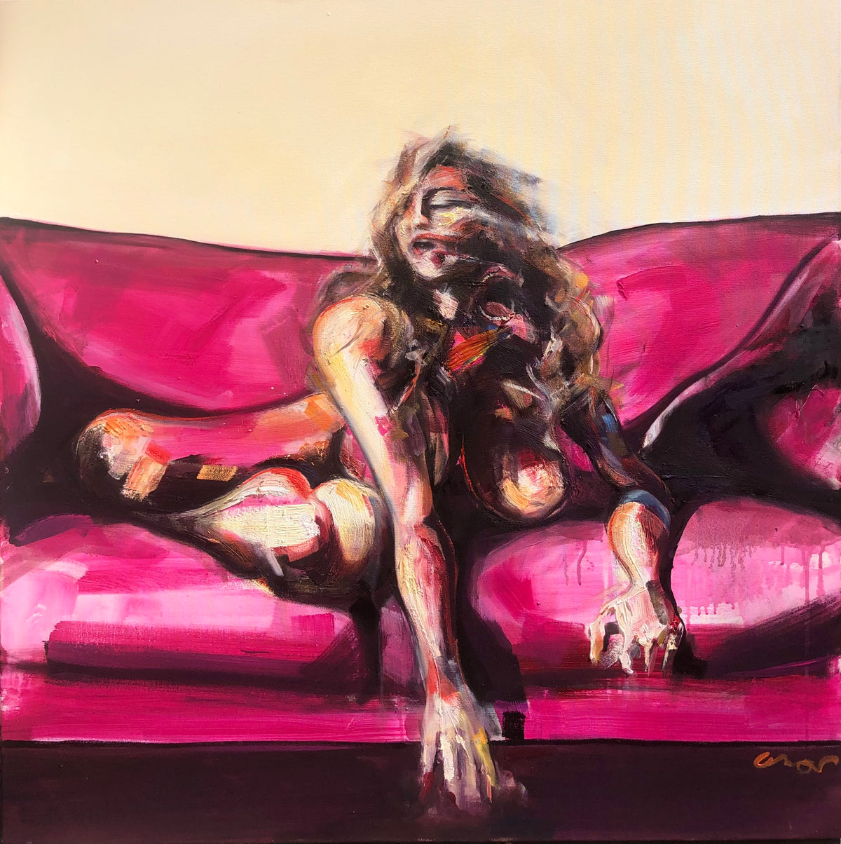 An expressive painting of a nude woman reclining on a vivid pink couch against a pale cream background.