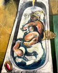 An oil painting depicting a nude figure reclining in a bathtub with water running, rendered in expressive brushstrokes of beige, brown, blue, white, and gold.