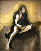An expressive figurative painting of a seated nude woman with dark hair, rendered in warm beige, yellow, brown, and black tones.