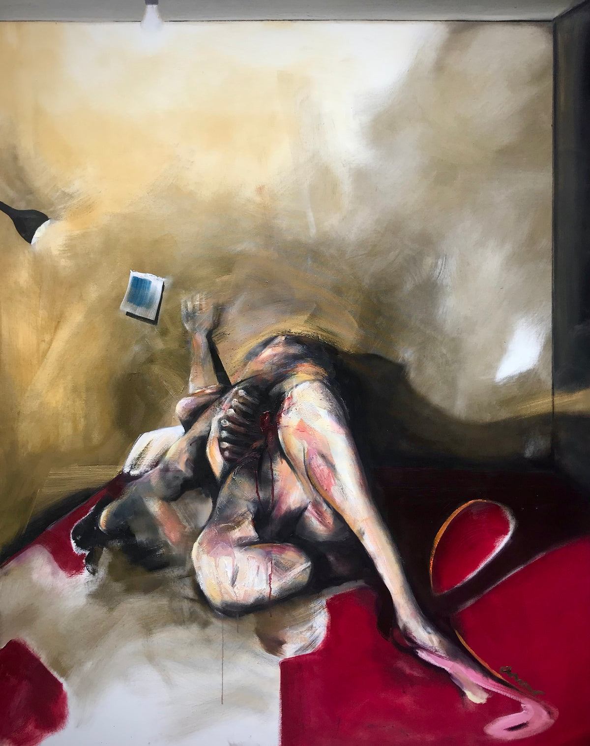 An expressive painting depicting a reclining nude figure in warm beige, brown, cream, and red tones, with a small blue rectangular object near the upper left area.