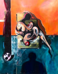 An abstract painting depicting a curled figure in beige and pink tones on a green pedestal, set against a split orange and teal background with a black silhouette at the bottom and a soccer ball on the left.
