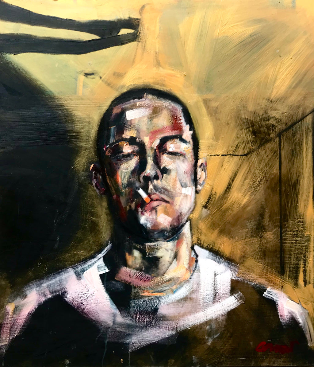 An expressive portrait painting of a man smoking, rendered in dark brown, beige, black, and white brushstrokes with a small red accent near the bottom right.