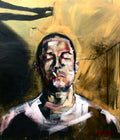 An expressive portrait painting of a man smoking, rendered in dark brown, beige, black, and white brushstrokes with a small red accent near the bottom right.