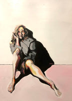 An expressive painting of a seated nude woman with a dark draped cloth over her body, rendered in beige, gray, black, pink, and yellow tones against a pale background.