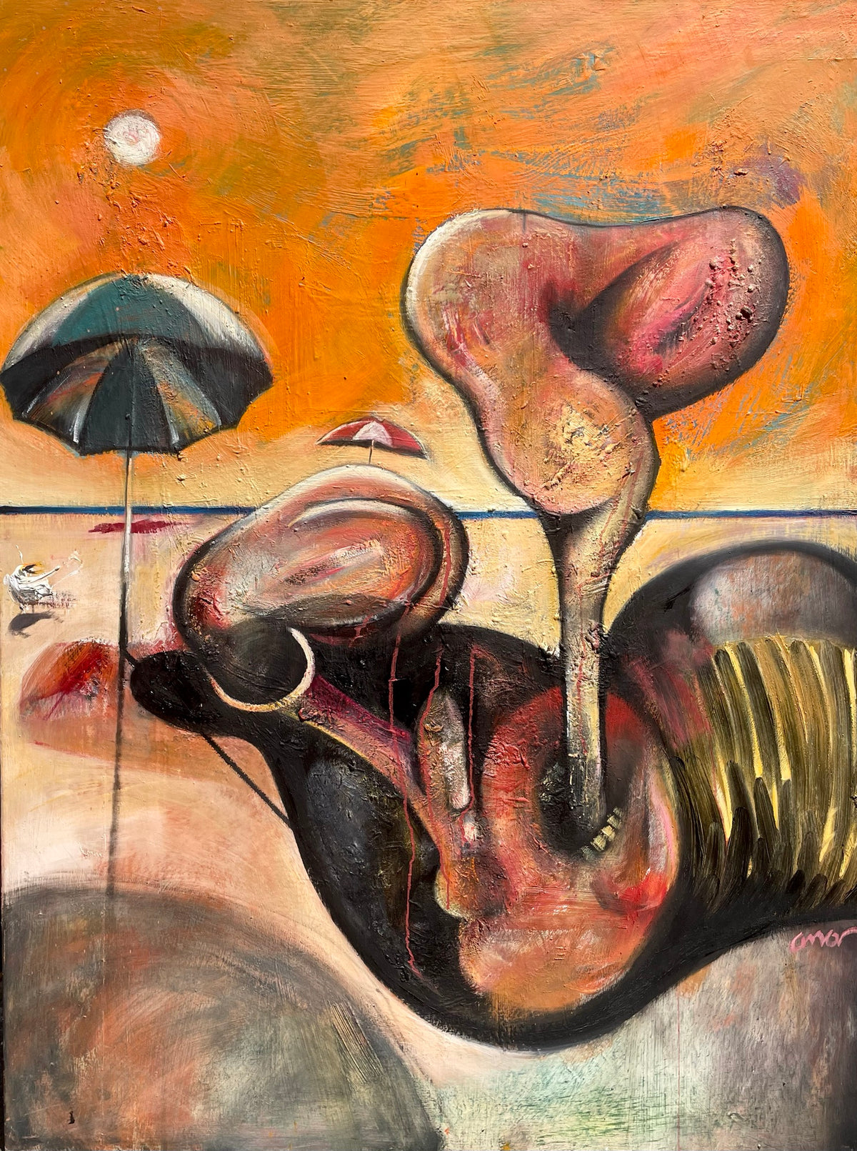 An abstract painting depicting surreal organic forms resembling fleshy bulbous shapes and a dark umbrella against a warm orange sky, with a pale sun and a thin blue horizontal line.