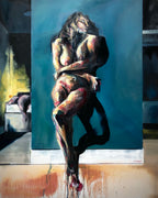 An expressive painting of a nude female figure posed against a large teal-blue backdrop, with darker shadowy forms around her and a beige floor area at the bottom. The artwork fills the frame and appears to be the product itself rather than a photo of a physical object in a room.