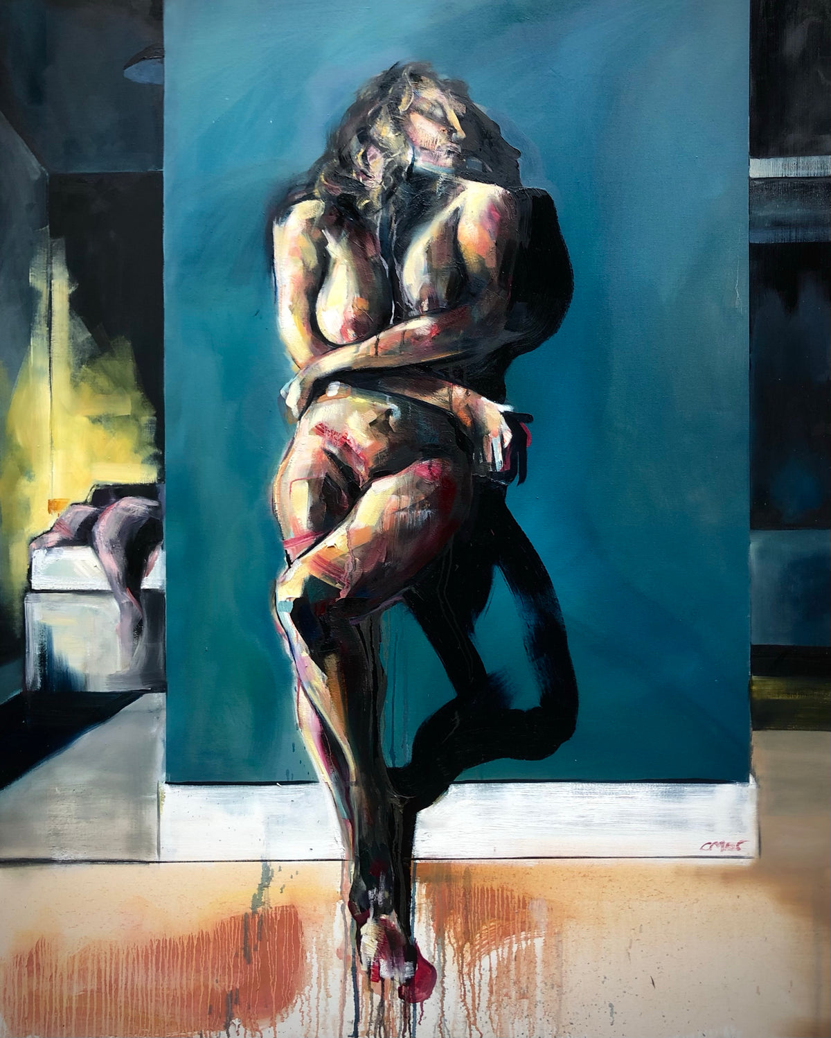 An expressive painting of a nude female figure posed against a large teal-blue backdrop, with darker shadowy forms around her and a beige floor area at the bottom. The artwork fills the frame and appears to be the product itself rather than a photo of a physical object in a room.