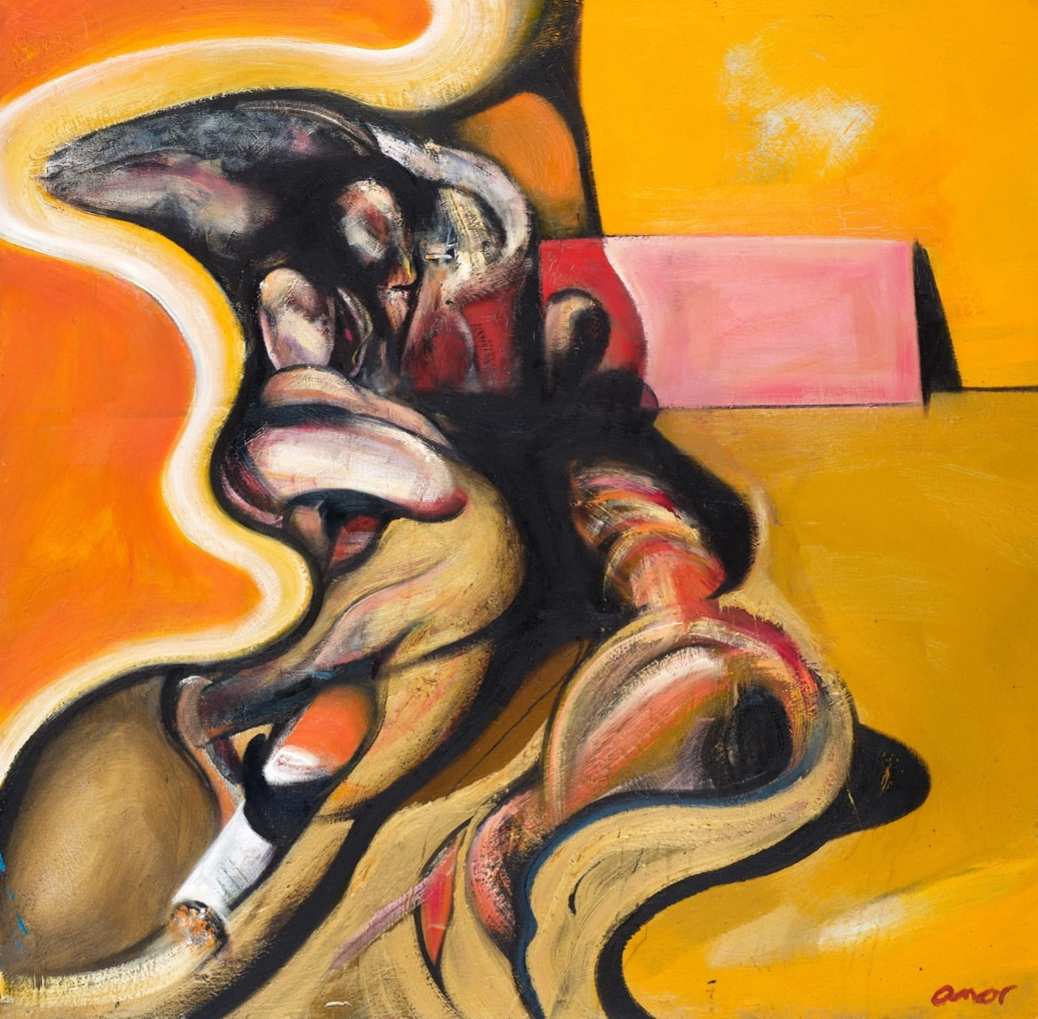 An abstract painting featuring a stylized seated human figure rendered in black, tan, cream, pink, and red tones against a bold yellow and orange background.