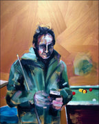 An expressive painting of a man in a green jacket holding a cue stick and looking at a pool ball rack, rendered in warm brown, green, blue, and orange tones.