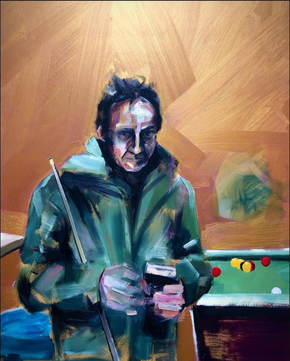 An expressive painting of a man in a green jacket holding a cue stick and looking at a pool ball rack, rendered in warm brown, green, blue, and orange tones.