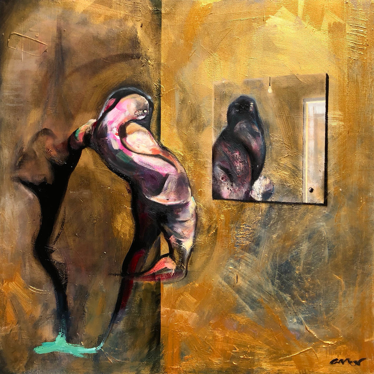 An abstract painting depicting two stylized human figures in a warm, textured interior scene. The composition features one figure leaning forward on the left with a turquoise accent at the bottom, and another figure seated or standing on the right within a rectangular frame-like area.