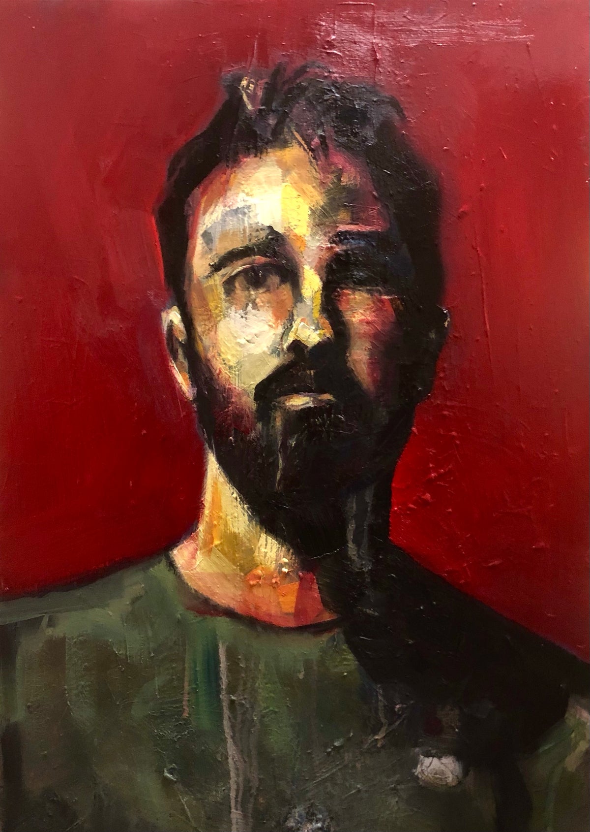 An expressive portrait painting of a man's face and upper torso against a deep red background, rendered with thick brushstrokes in black, olive green, cream, and red tones.