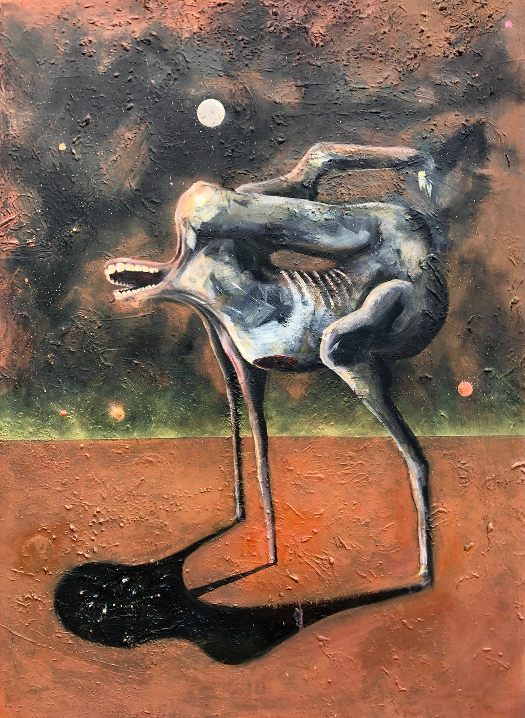 An abstract painting depicting a skeletal, elongated humanoid figure in gray and white tones, standing on a brown textured ground with a large black shadow beneath it. The background features a dark, mottled sky with brown, black, and hints of green, accented by small white and orange dots.