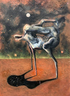 An abstract painting depicting a skeletal, elongated humanoid figure in gray and white tones, standing on a brown textured ground with a large black shadow beneath it. The background features a dark, mottled sky with brown, black, and hints of green, accented by small white and orange dots.