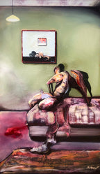 An expressive painting of a seated nude woman on a bed in a dimly lit room, with a framed picture on the wall and a lamp overhead. The artwork uses muted green, purple, brown, and red tones.