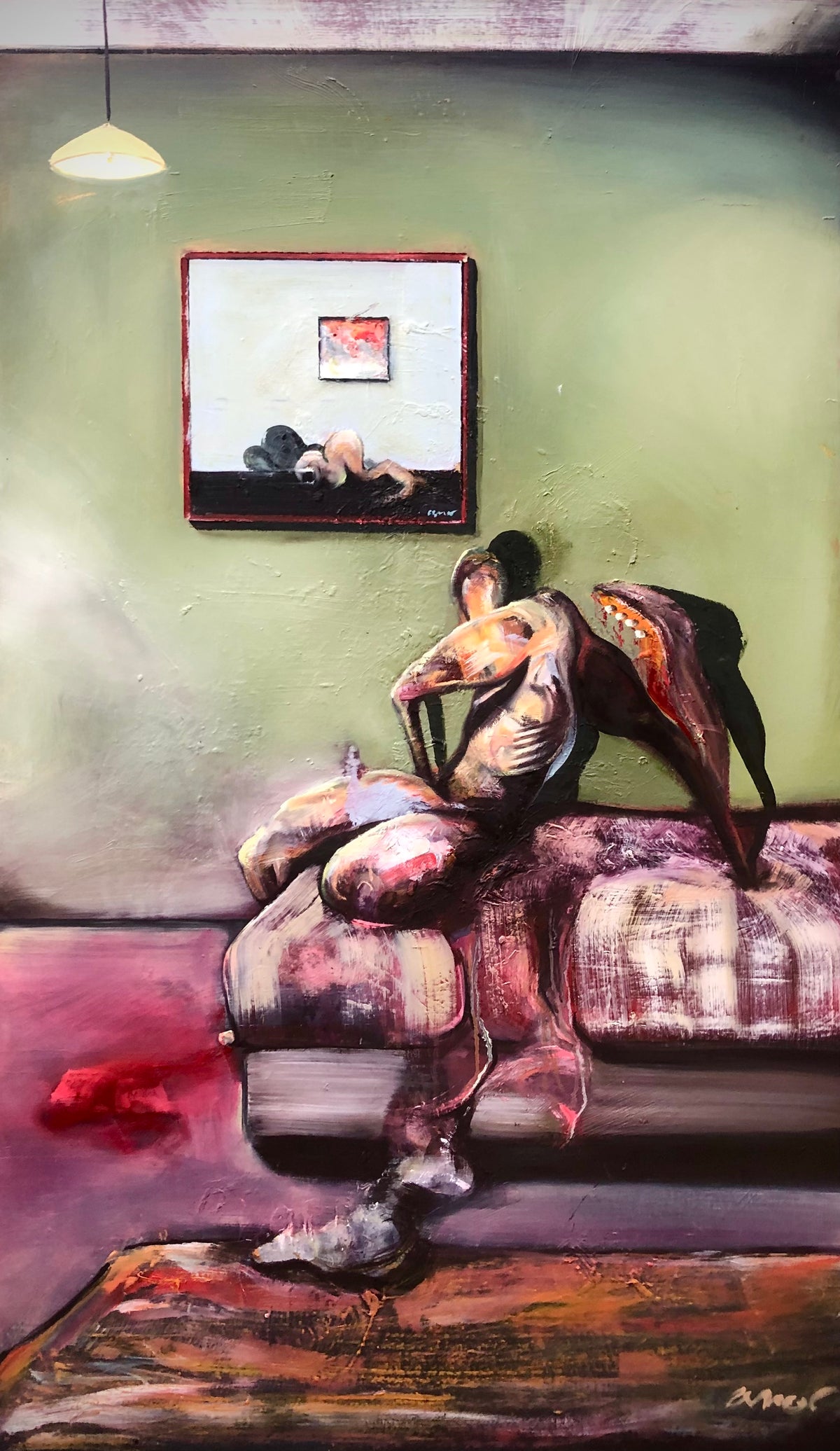 An expressive painting of a seated nude woman on a bed in a dimly lit room, with a framed picture on the wall and a lamp overhead. The artwork uses muted green, purple, brown, and red tones.