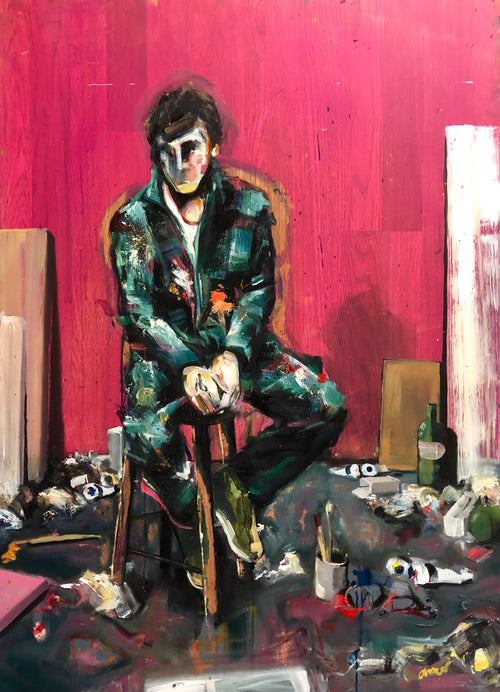 An expressive painting of a seated person in a dark patterned jacket and pants, positioned in a cluttered interior with a vivid pink wall behind them. The artwork uses thick brushstrokes and includes scattered objects on the floor, with no visible brand text.