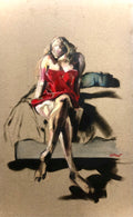 An artistic sketch of a seated woman in a red dress on textured beige paper, with expressive black and gray brushstrokes and a small red signature in the lower right.